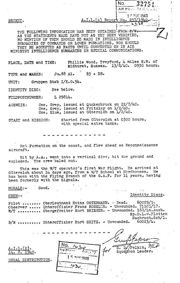 13.08.40 Ju 88 Treyford (A.I.k Report)