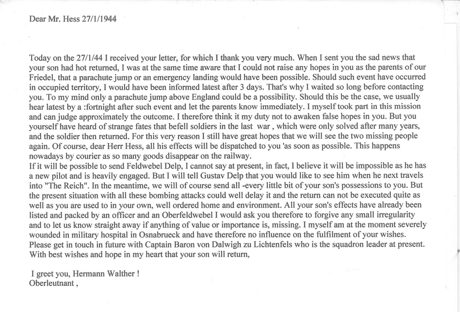 (4) Letter from Oblt Walther to father, Herr Hess x5 English
